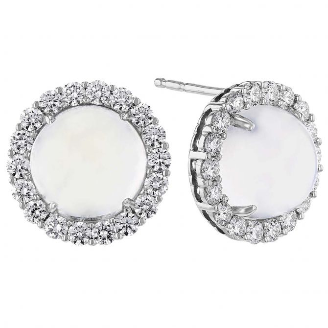 Round Moonstone Cabochon & Diamond Halo Post Earrings in White Gold