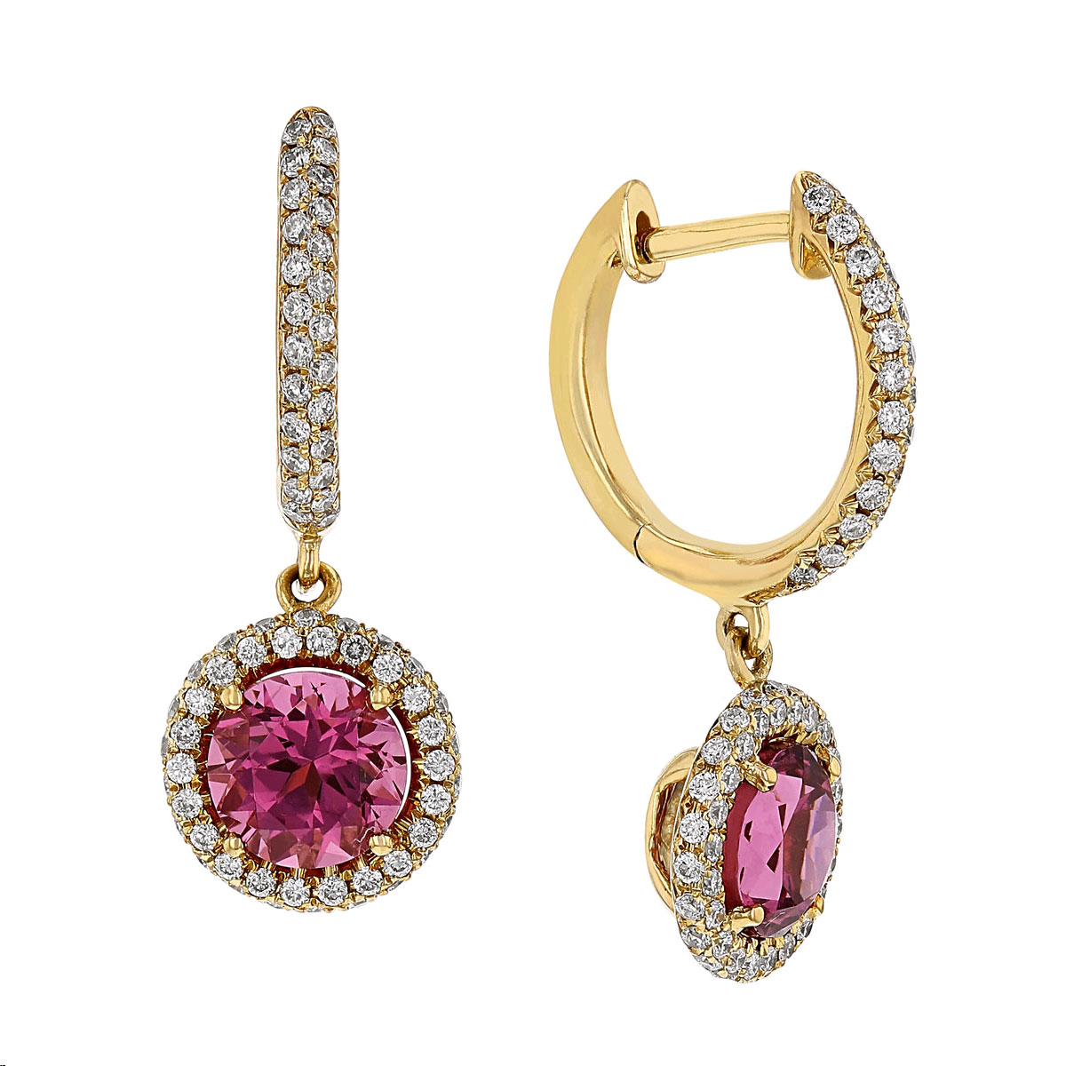 Round Pink Spinel & Diamond Halo Dangle Earrings in Yellow Gold | Borsheims