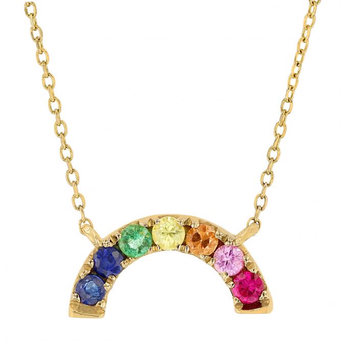 Multi Colored Gemstone Rainbow Necklace in Yellow Gold, 18"