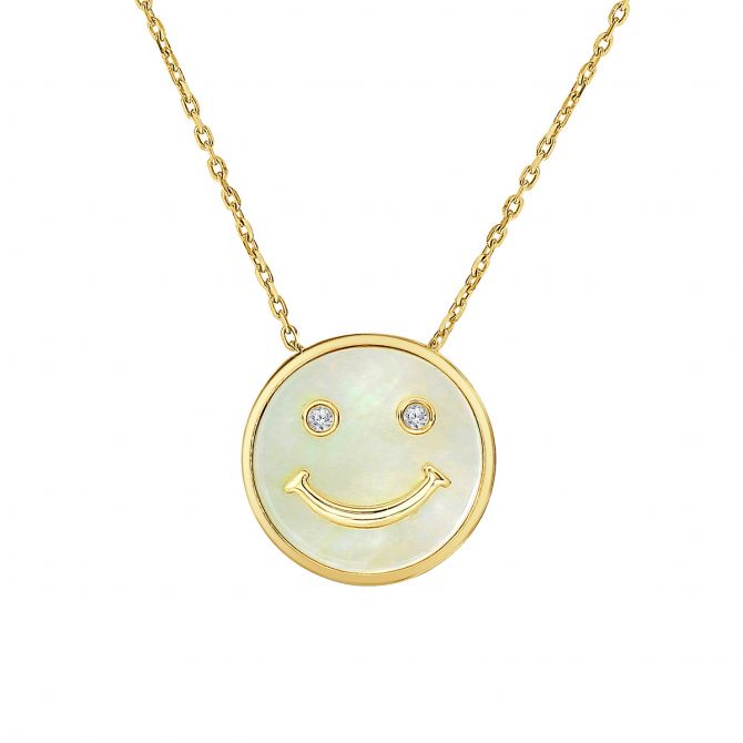 Frederic Sage White Mother of Pearl & Diamond Happy Face Pendant in Yellow Gold