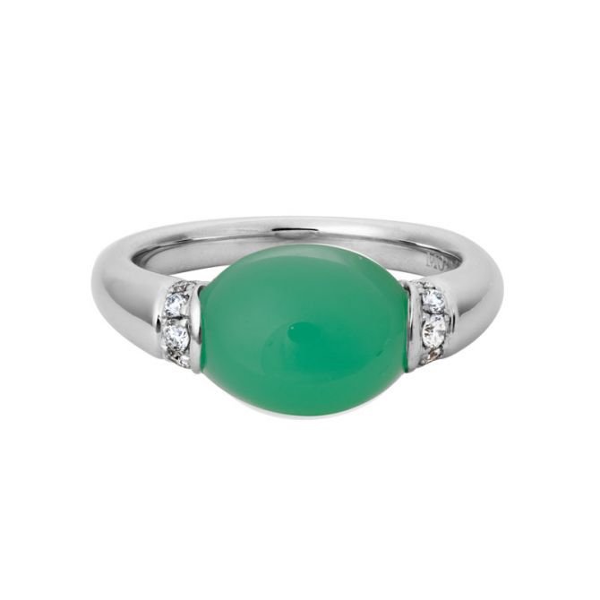 Oval Chrysoprase Cabochon Ring in White Gold with Diamond Rondelles