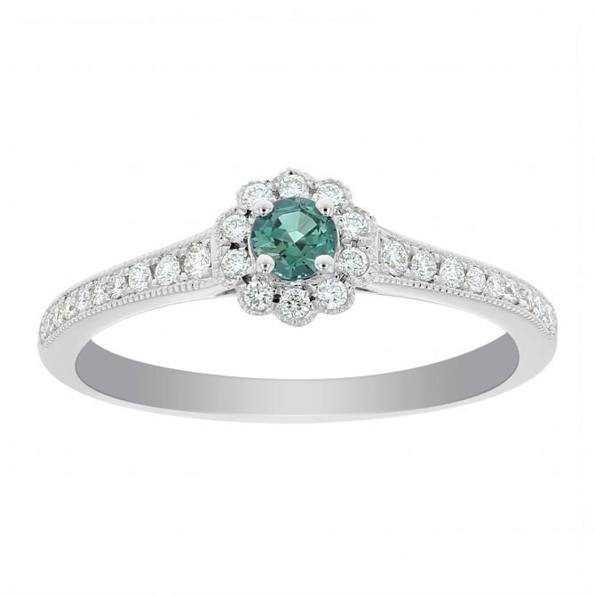 14K White Gold Round Alexandrite Ring with Diamond Floral Halo & Diamond Milgrain Shank