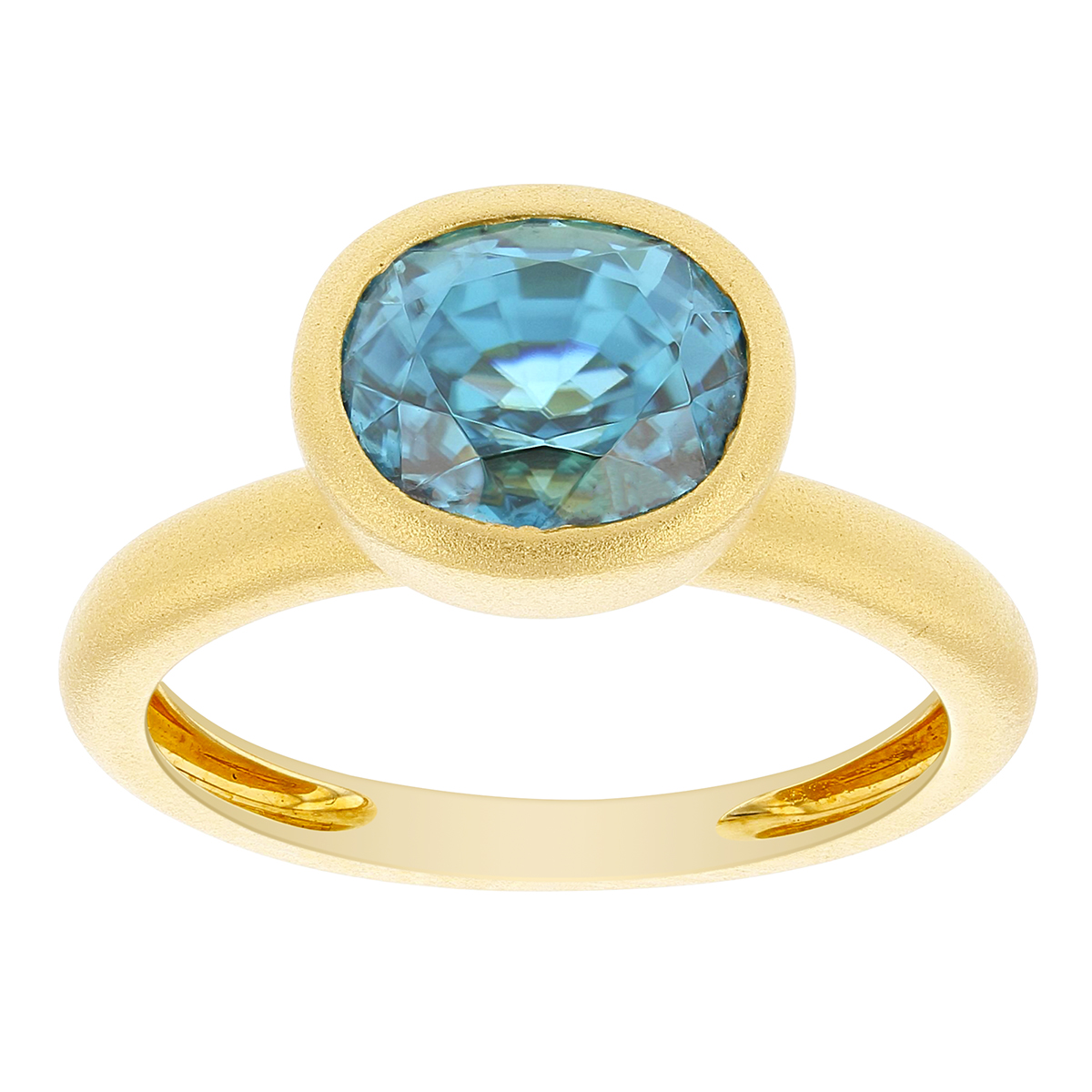 Oval Blue Zircon Bezel Set Ring in Matte Yellow Gold | Borsheims
