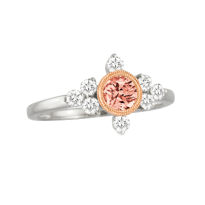 Doves Little Bird Morganite & Diamond Cluster Halo Ring in White Gold with Rose Gold Milgrain