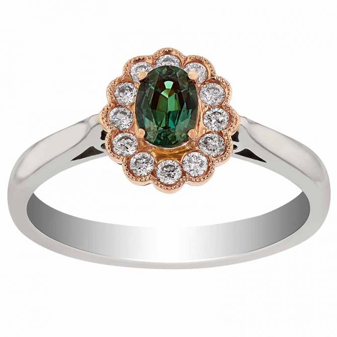 Oval Alexandrite Ring with Diamond Scalloped Halo In Rose Gold with White Gold Shank