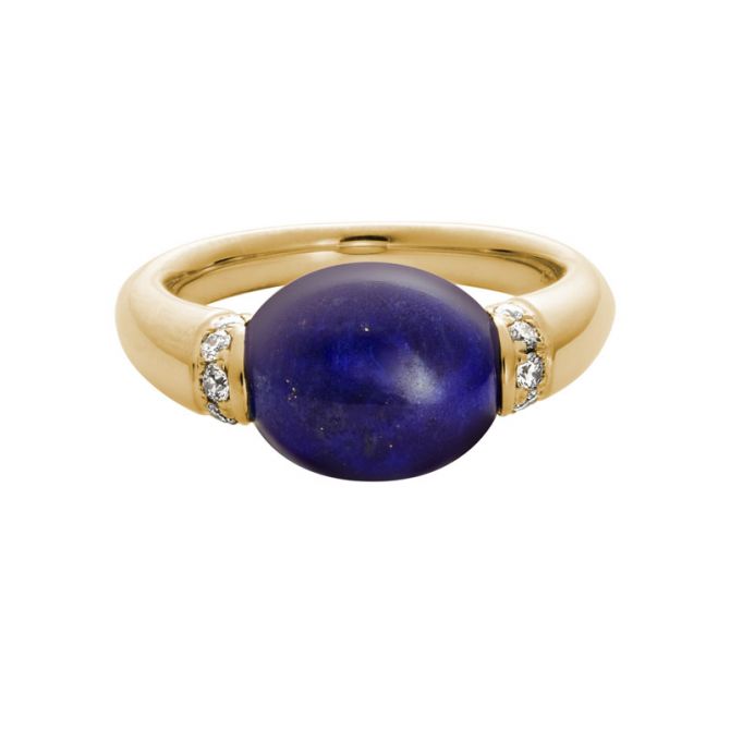 Oval Lapis Cabochon Ring in Yellow Gold with Diamond Rondelles