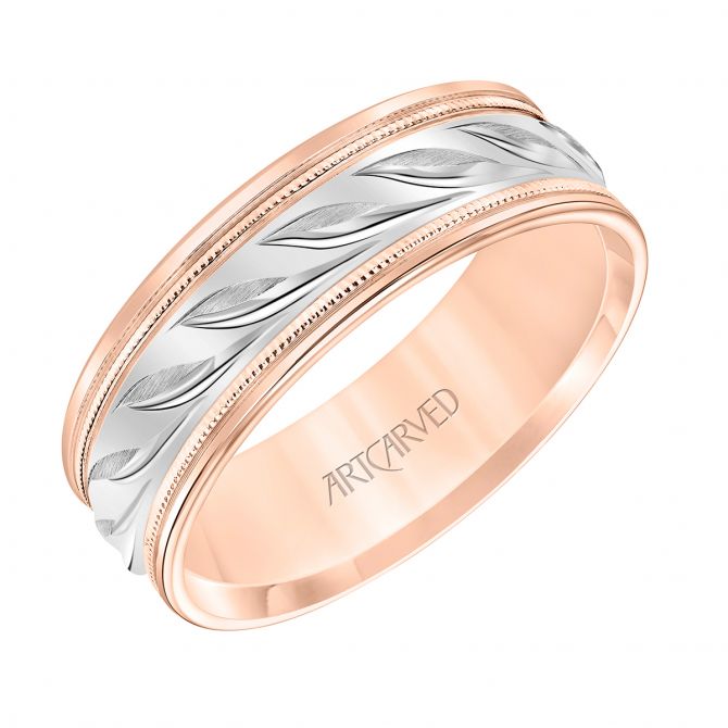 ArtCarved Engraved Rope Detail 7 mm Wedding Band in White & Rose Gold, Size 10