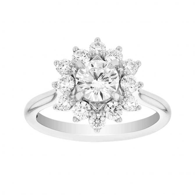 starburst floral diamond halo engagement ring