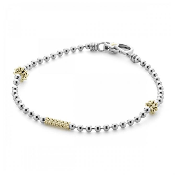 LAGOS Sterling Silver and 18K Yellow Gold Caviar Icon 3 Station Bracelet, 7"