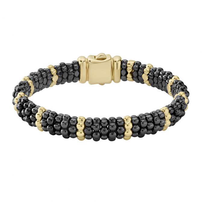 LAGOS 18K Yellow Gold and Black Caviar Gold Station 9mm Medium Bracelet