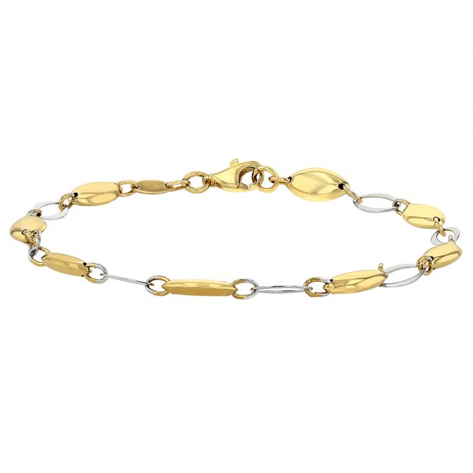 Two Tone Gold Bean & Open Oval Link Bracelet, 7.25"