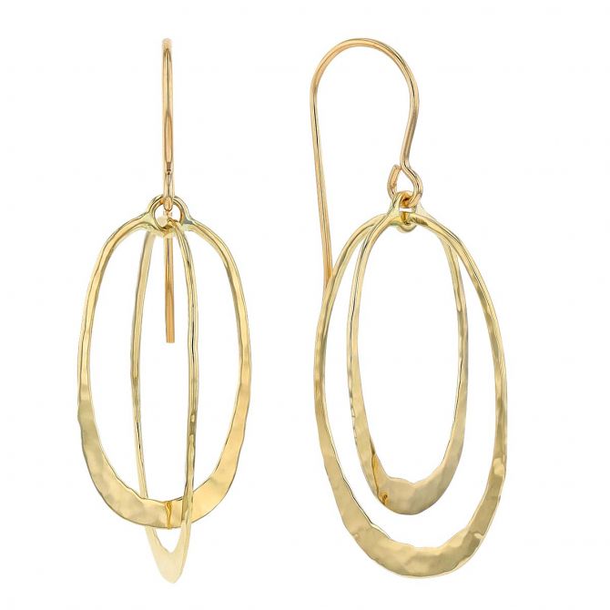 Hammered Yellow Gold Double Oval Dangle Earrings