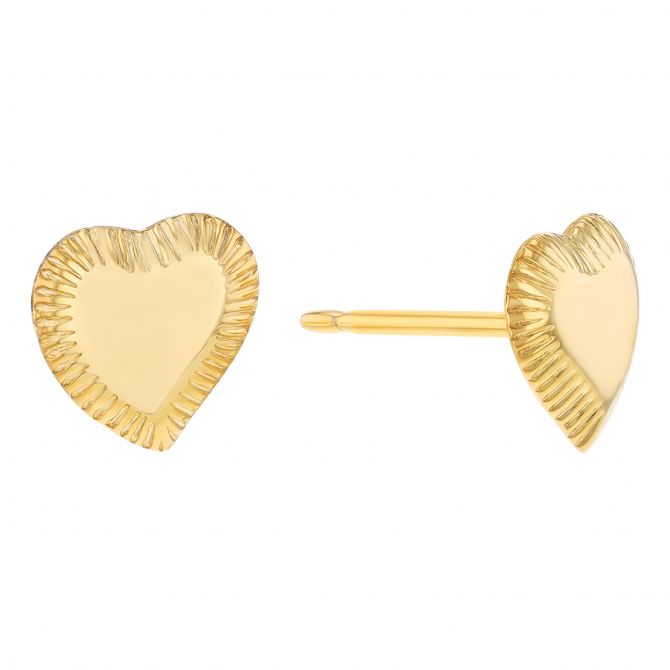 Yellow Gold Etched Heart Stud Earrings