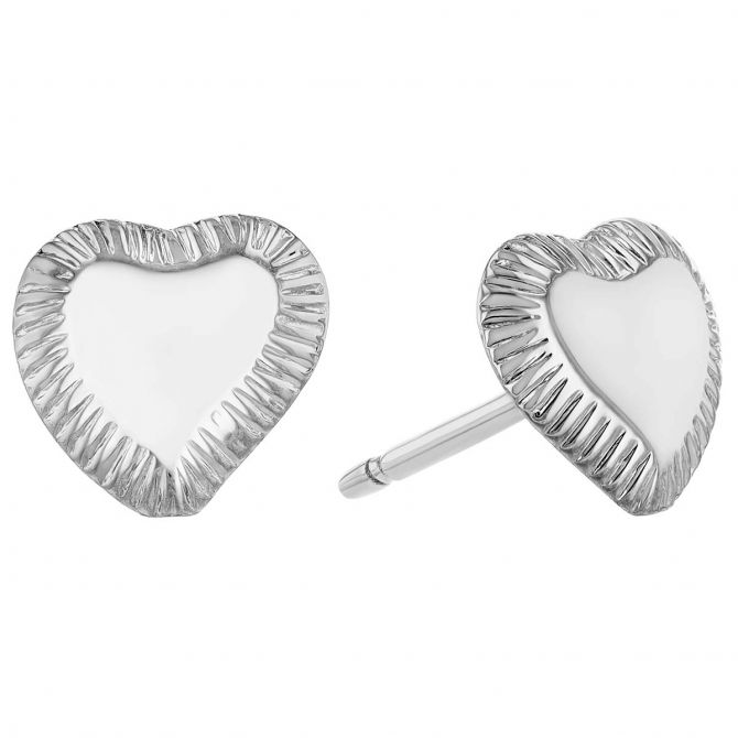 White Gold Etched Outline Heart Stud Earrings