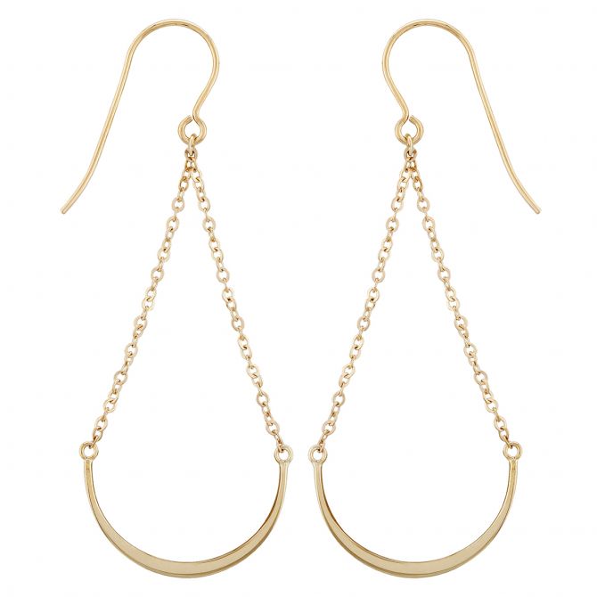 Yellow Gold Curved Half Circle Wire & Chain Dangle Earrings