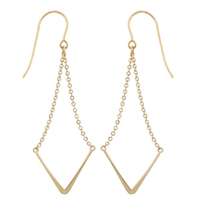 Yellow Gold V Shaped Wire & Chain Dangle Earrings