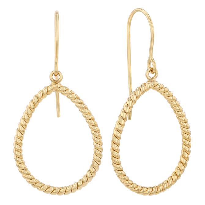 Yellow Gold Rope Textured Open Teardrop Dangle Earrings