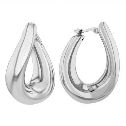 White Gold Oval Twist Puff Hoop Earrings