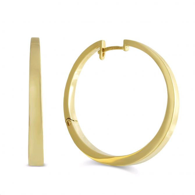 Yellow Gold Tapered Hoop Earrings, 32 mm