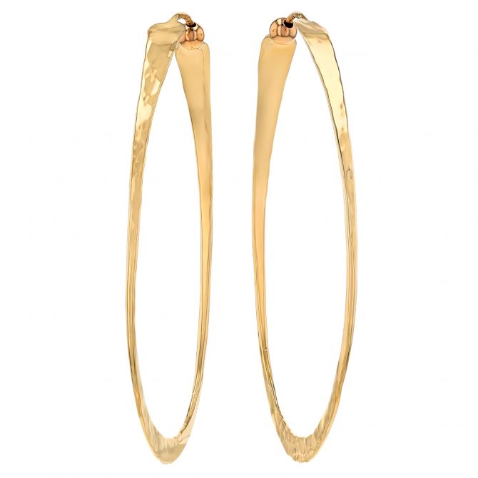 Yellow Gold Oval Hammered Texture Twist Hoop Earrings