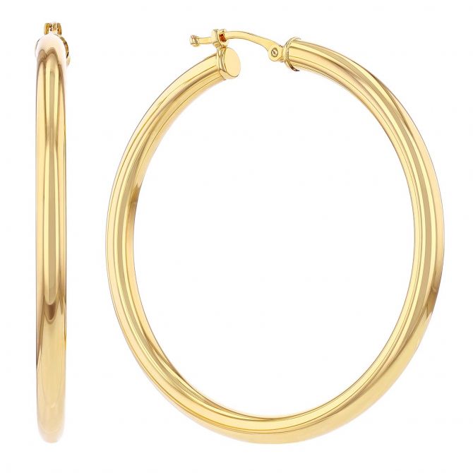 Yellow Gold Tube Hoop Earrings, 3 x 40 mm