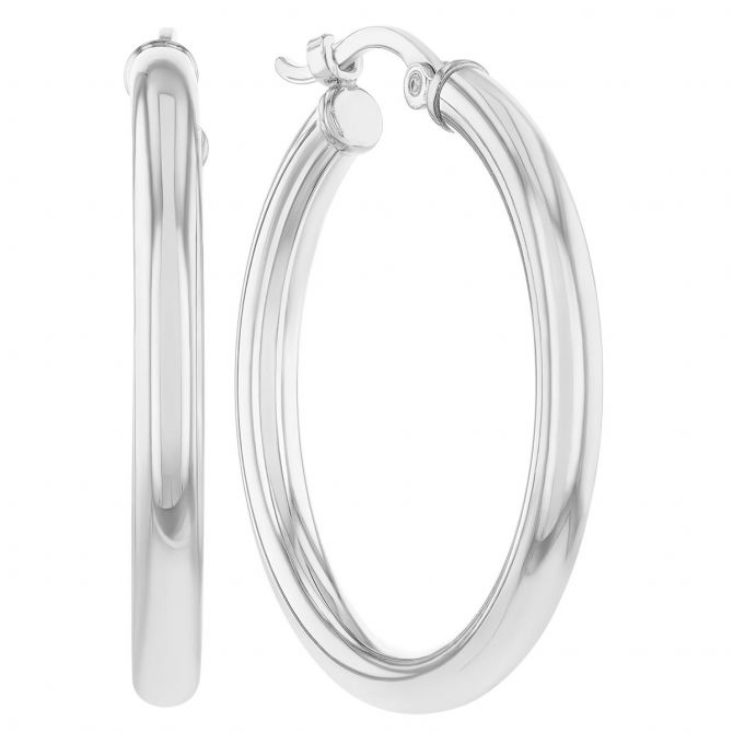 White Gold Tube Hoop Earrings, 2.5 x 25 mm