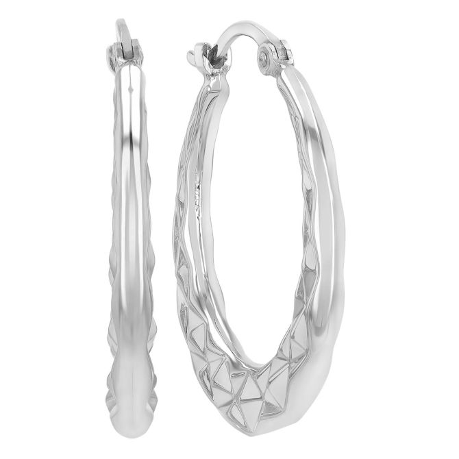 White Gold Diamond-Cut Texture Tapered Hoop Earrings