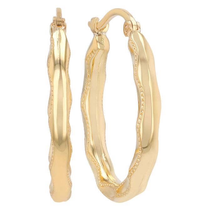 Yellow Gold Wavy Stipple Pattern Hoop Earrings