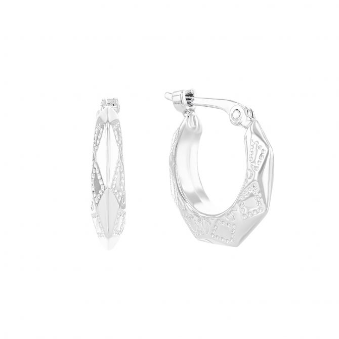 White Gold Embossed Diamond Cut Hoop Earrings, Small