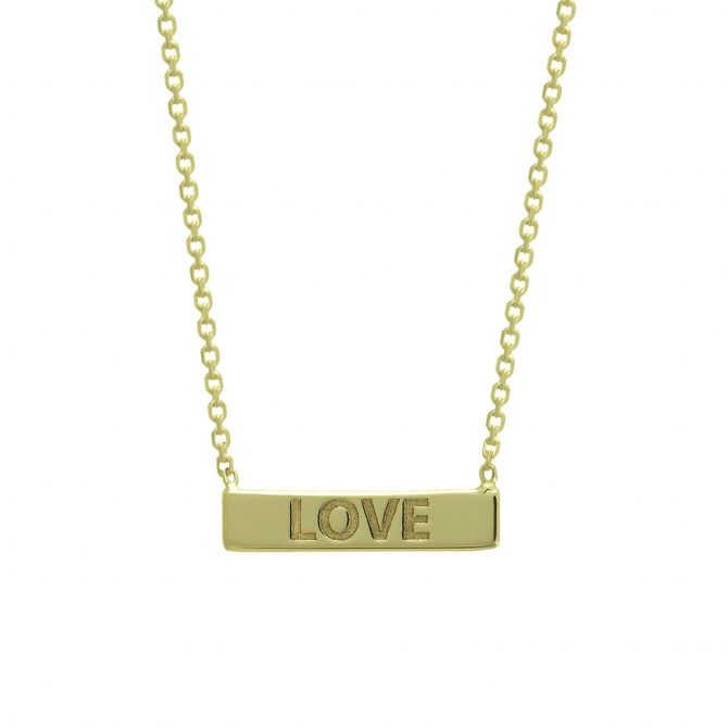 Love Engraved Mini Bar Necklace in Yellow Gold, 18"