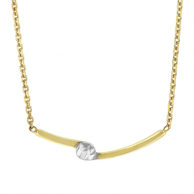 Yellow Gold Curved Bar Necklace with White Tone Faceted Disc, 18"