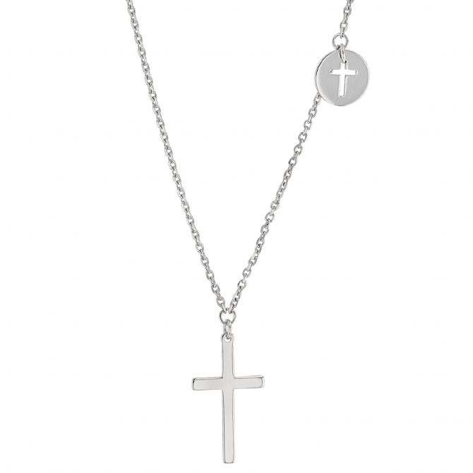 White Gold Cross Pendant with Cutout Disc Dangle, 18"