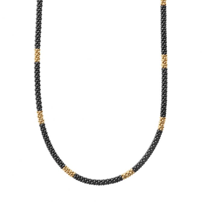 LAGOS 18K Yellow Gold and Black Caviar Station Rope Necklace, 16"