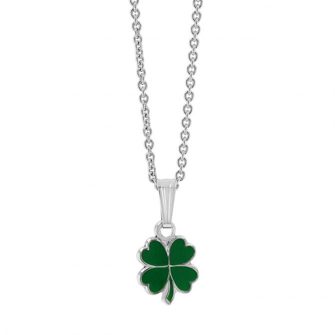 Green Resin 4-Leaf Clover Pendant in Sterling Silver, 15"