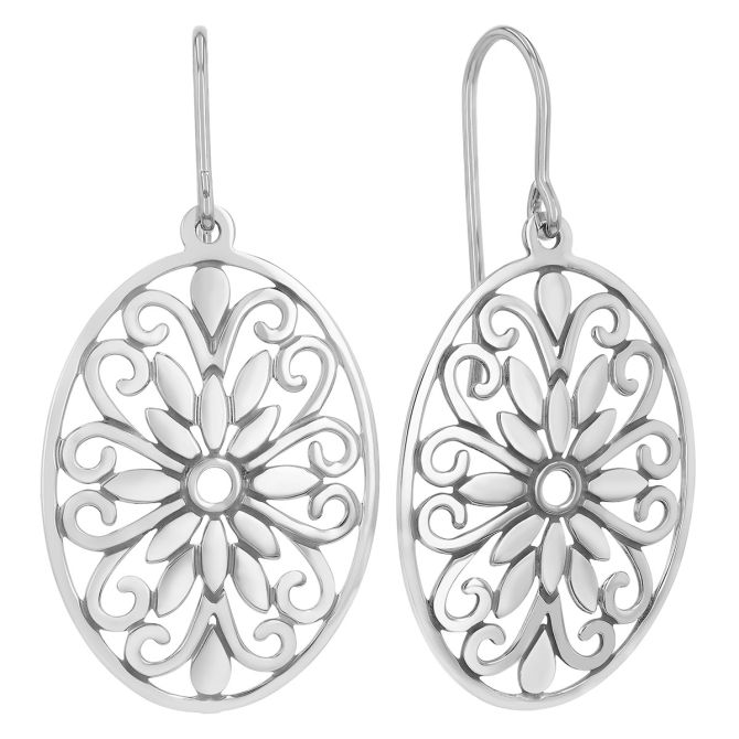 Sterling Silver Oval Floral Pattern Dangle Earrings