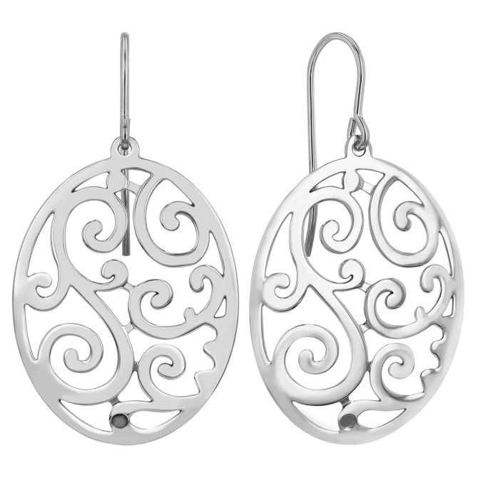 Sterling Silver Oval Open Scrollwork Pattern Dangle Earrings