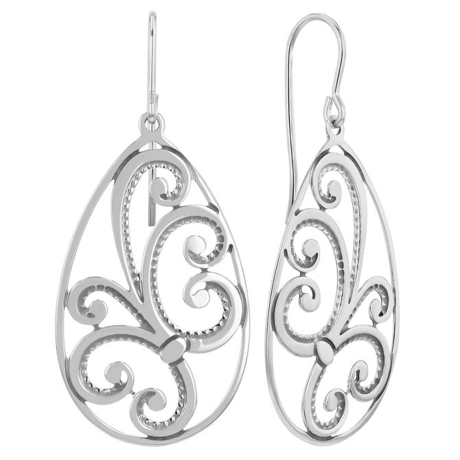 Sterling Silver Teardrop Open Scrollwork Pattern Dangle Earrings