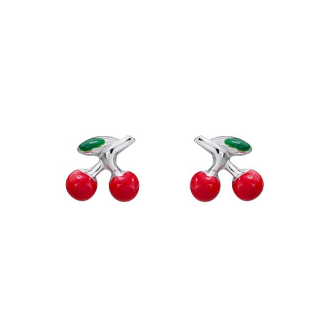 Sterling Silver Red & Green Enamel Cherry Earrings