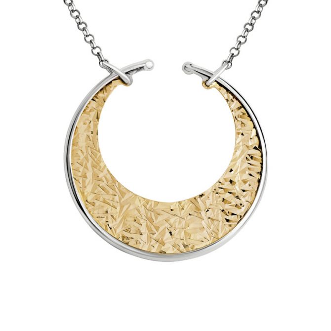 Sterling Silver & Yellow Tone Textured Crescent Pendant, 19"