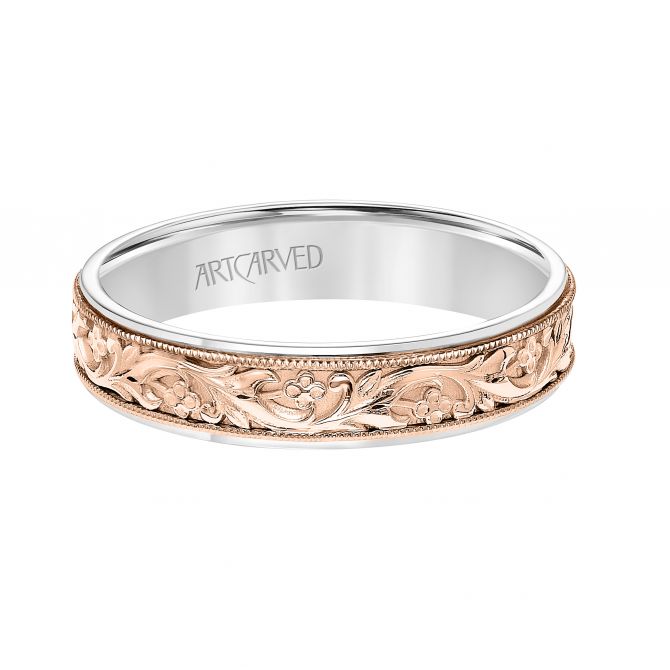 ArtCarved Lyric Engraved Floral Wedding Band in Rose & White Gold, Size 10