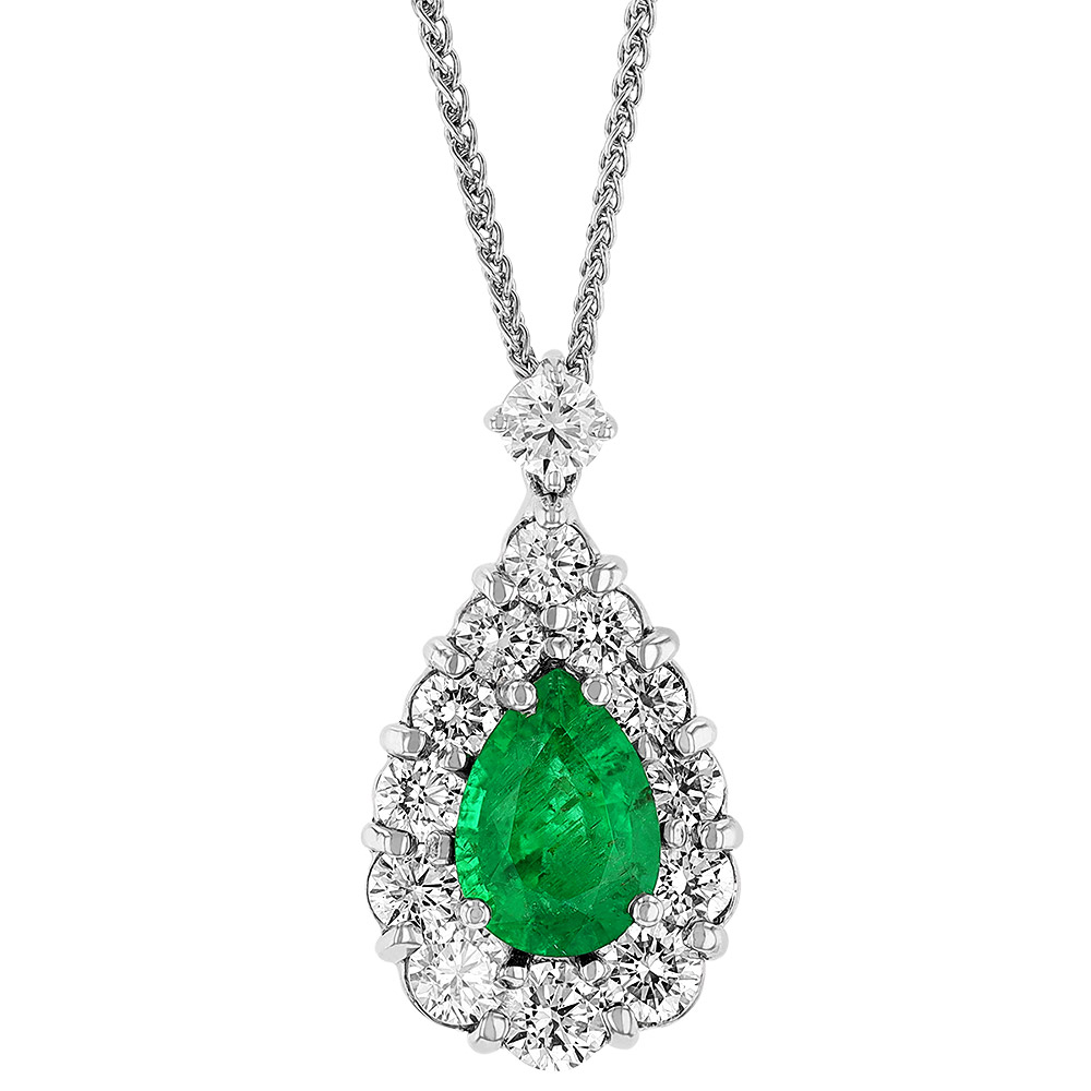 Pear Shaped Emerald & Diamond Halo Pendant in White Gold, 16