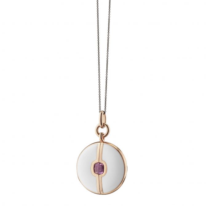 Monica Rich Kosann White Enamel & Vermeil Locket with Pink Sapphire, 17"