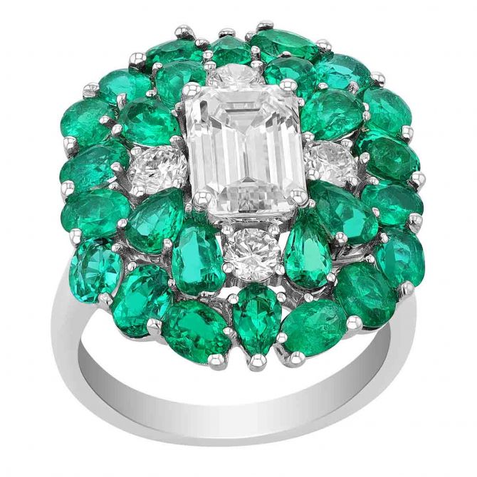 Emerald & Diamond Multi Shape Cluster Cocktail Ring in White Gold