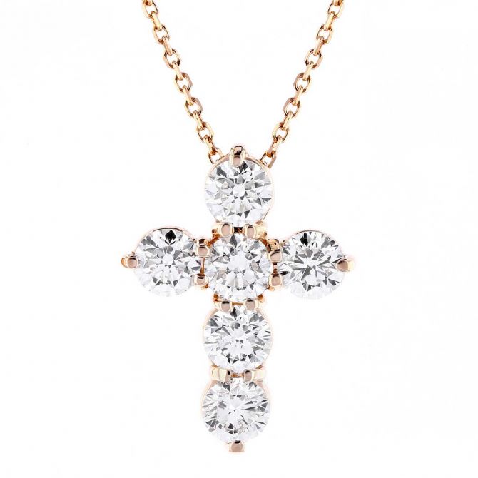 Diamond 6 Stone Cross Necklace in Rose Gold, 16"