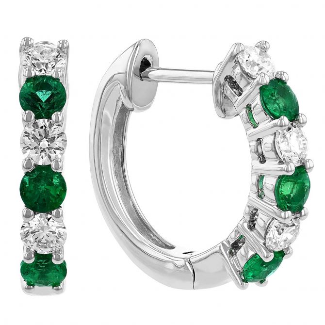 14K White Gold Emerald & Diamond Hoop Earrings, 0.36cttw