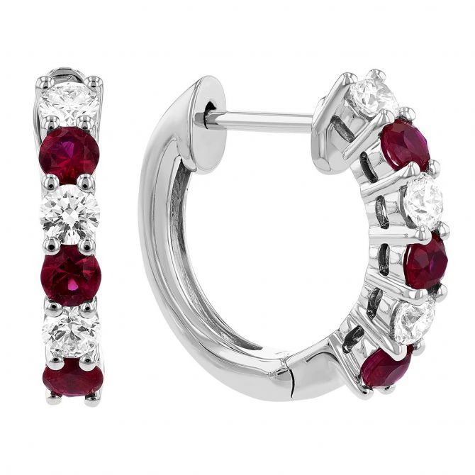 14K White Gold Round Ruby & Diamond Huggie Hoop Earrings