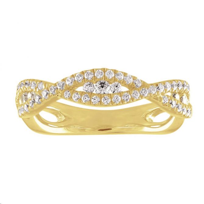 Diamond Crossover Wedding Band with Tension Set Diamonds in Yellow Gold