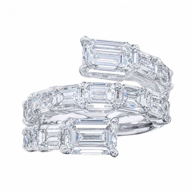 J.B. Star Emerald Cut Diamond Bypass Ring in Platinum