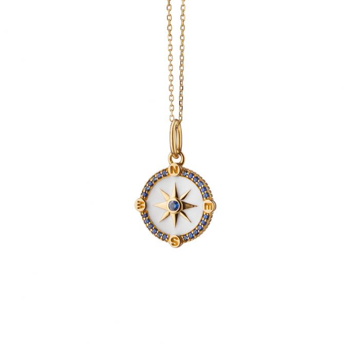 Monica Rich Kosann Mini Adventure Compass Charm in White Enamel & Yellow Gold with Sapphire