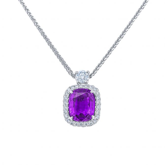 J.B. Star Cushion Purple Sapphire & Diamond Halo Pendant in Platinum